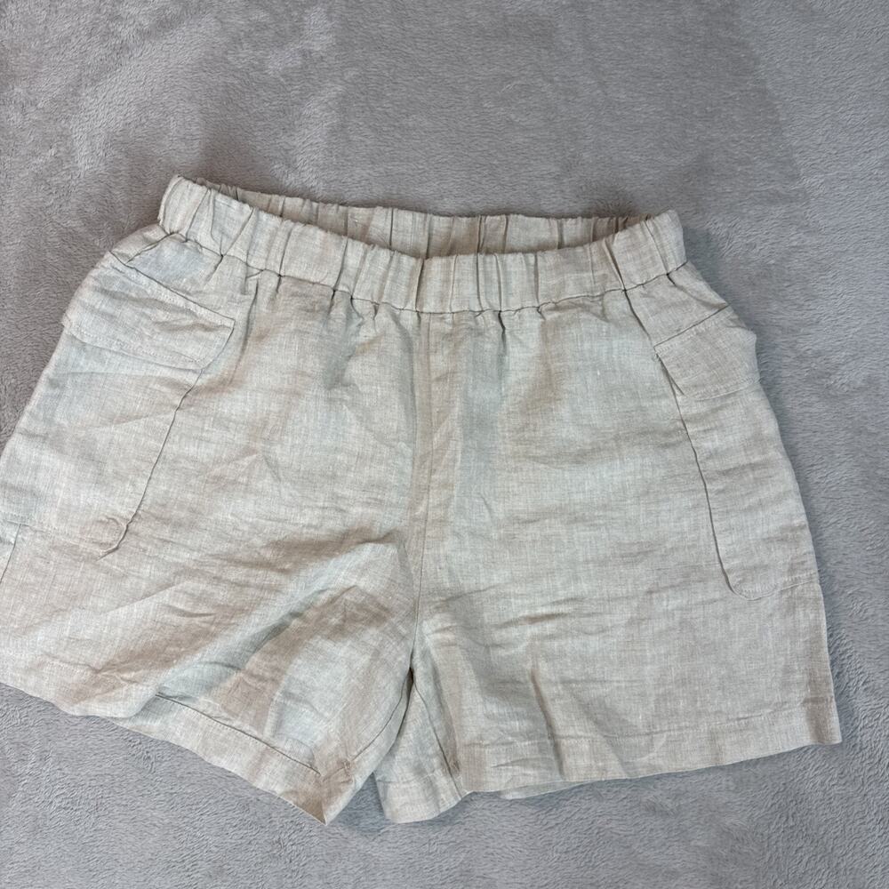 Saks Fifth Avenue Pull On Paperbag Shorts Linen Women's M Beige Preppy Old Money